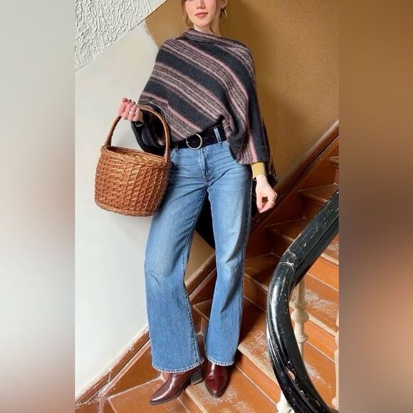 Y2K Festival Bohemian Western Cottage Stripe 70s Poncho Shawl Retro Cape - Picture 12 of 13